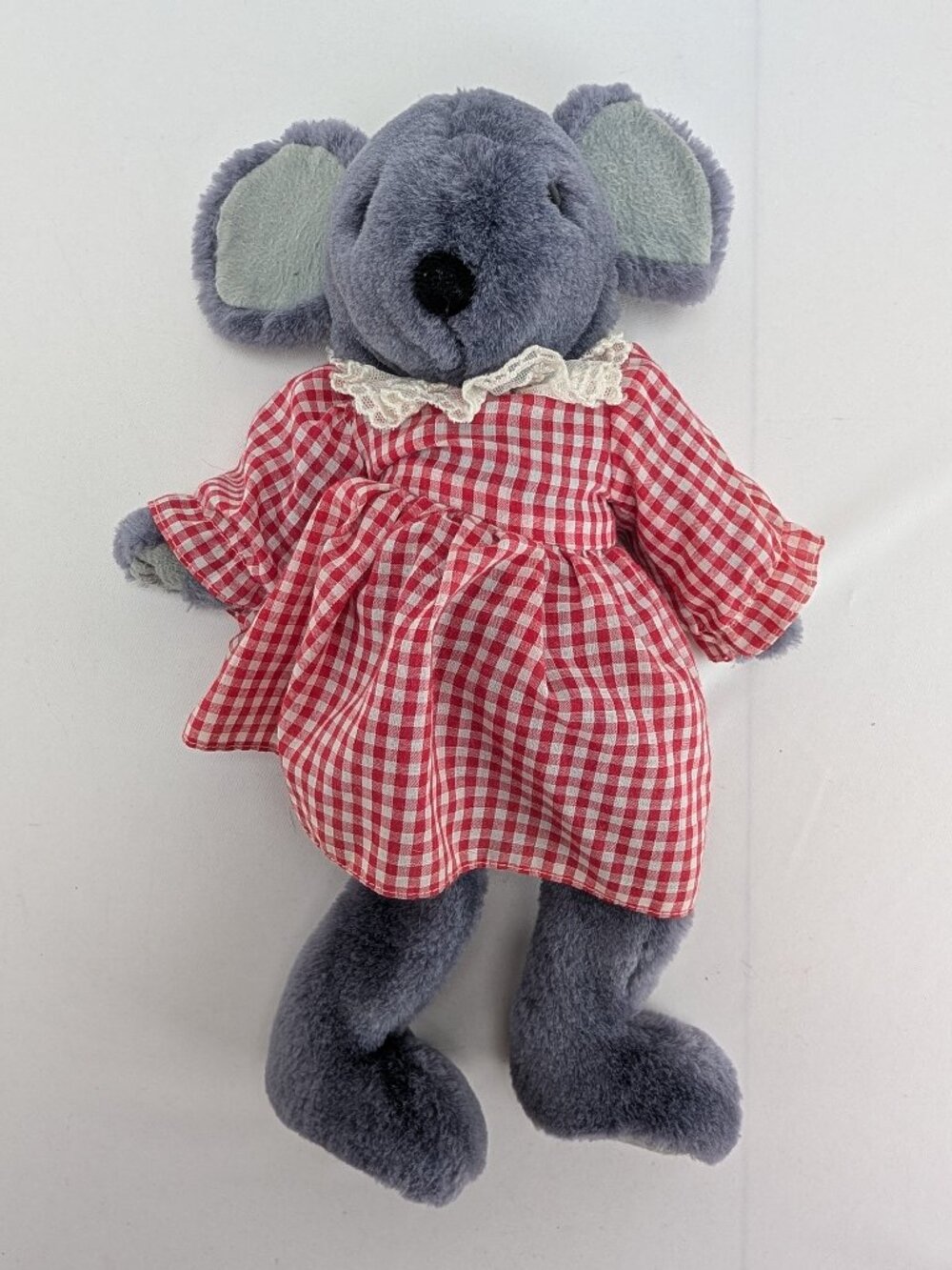 Vintage Gray Mouse Plush 13" Stuffed Animal in Red Gingham Dress Bean Filled Leg